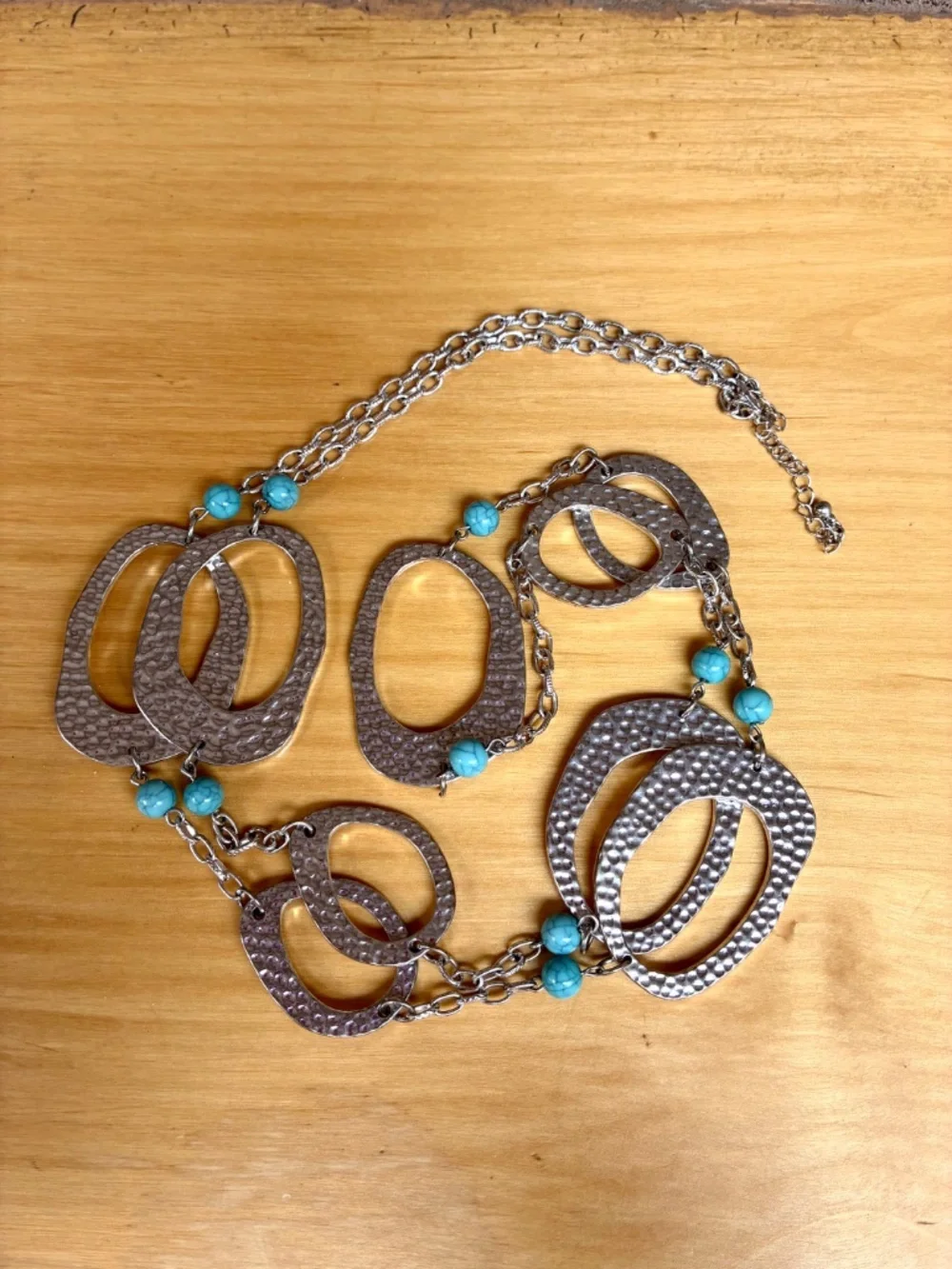 42” Hammered Silver Tone Faux Turquoise Necklace - Picture 3 of 3